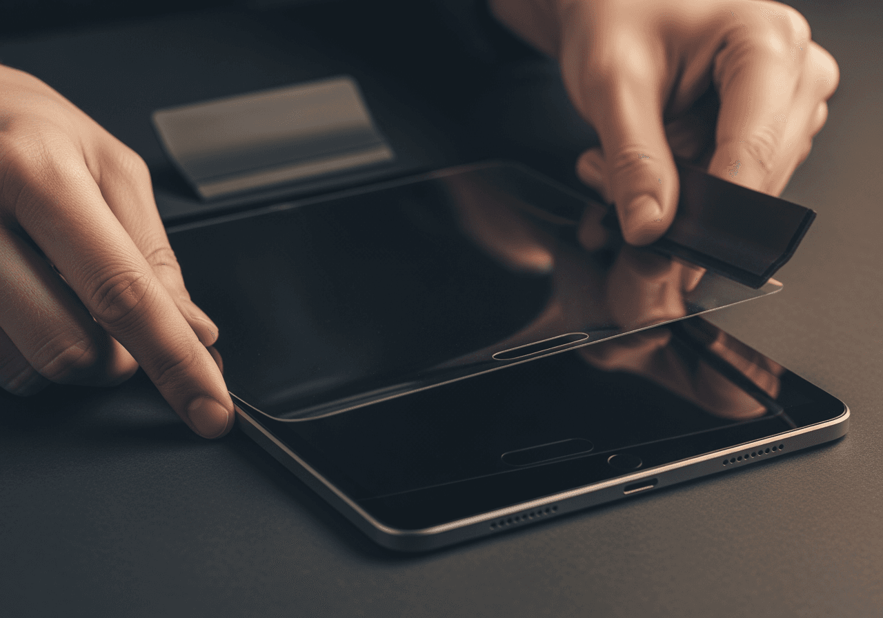 Bir uzman tablet ekranına şeffaf koruyucu cam uyguluyor