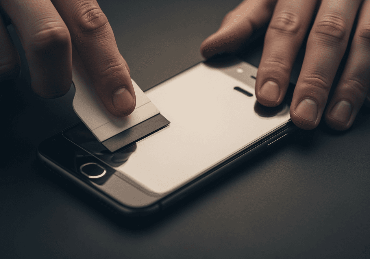 Bir uzman telefon ekranına şeffaf koruyucu cam uyguluyor
